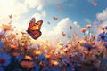 Springtime symphony Colorful flowers and butterfly dance in natures embrace