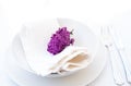 Springtime table setting with lilac branch on white linen napkin