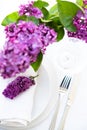 Springtime table setting with lilac branch on white linen napkin Royalty Free Stock Photo