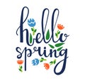 Springtime text font type quote floret, lettering hello spring typeface isolated on white, flat vector illustration