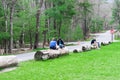 Springtime Vacationers Sit on Logs in the Cades Cove Campground in the Great Smoky Mountains National Park