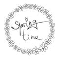 Springtime - vector handwritten inscription in circle frame, border, wreath from outline small flowers chamomile