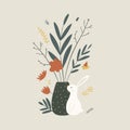 Springtime vector illustration of flowers, Easter rabbits with birds and plants, minimalist styled florals, spring