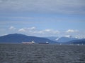 View of Greater Vancouver`s Northshore Mountains with boats and ships in the foreground, British Columbia, Canada, 2018