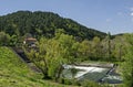 Springtime view of spillway in the dam of resort village Pancharevo Royalty Free Stock Photo