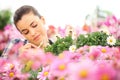 Springtime, woman touches the petal of daisy in garden