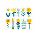 Springy collection of yellow flowers. Cartoon doodle elements for design. Vector childish illustration in hand-drawn Scandinavian