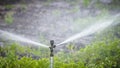 Sprinker irrigation system spraying water on field Royalty Free Stock Photo