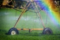 Sprinklers Irrigating Crop Field Farming Grains Lush Green with Rainbow from Misty water spray Royalty Free Stock Photo