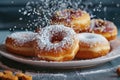 Sprinkled baked donuts on white plate on the table