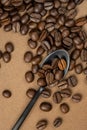 Sprinkled coffee beans in black metal spoon Royalty Free Stock Photo