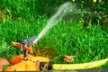 Sprinkler head of automatic watering the bush, grass and lawn. Spraying water over green grass. Irrigation system Royalty Free Stock Photo