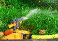 Sprinkler head of automatic watering the bush, grass and lawn. Spraying water over green grass. Irrigation system Royalty Free Stock Photo