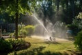 sprinkler misting on hot summer day, cooling off backyard and releasing steam Royalty Free Stock Photo