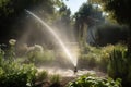 sprinkler misting on hot summer day, cooling off backyard and releasing steam Royalty Free Stock Photo