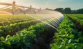 Sprinkler Spraying Water on a Lush Field of Leafy Greens