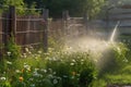 sprinkler spraying water onto blooming garden, with wooden fence in the background