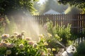 sprinkler spraying water onto blooming garden, with wooden fence in the background