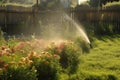 sprinkler spraying water onto blooming garden, with wooden fence in the background