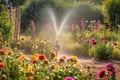 sprinkler watering beautiful garden with colorful flowers, herbs and vegetables