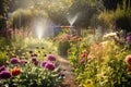 sprinkler watering beautiful garden with colorful flowers, herbs and vegetables