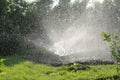 Sprinkler watering grass in garden. twisting water splashes, automatic lawn care, personal irrigation system in townhouse Royalty Free Stock Photo