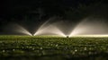 Sprinklers watering grass at night, droplets illuminated by backlight creating a serene scene.