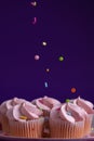 Sprinkles raining down on a pink mini cupcake Royalty Free Stock Photo