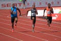 Sprinter in 100 meters race in Prague 2012 Royalty Free Stock Photo