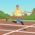 Sprinter with prosthetic legs taking part in running competitions. Athlete with disabilities. Paralympic games. Cartoon