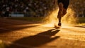 A sprinter races down the track kicking up a cloud of dust under the golden glow of stadium lights Royalty Free Stock Photo