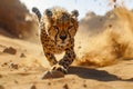 Sprinting Cheetah in Full Speed Chase, Captured in Dynamic Movement, Dust Flying in Natural Habitat