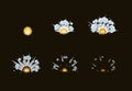 Sprite sheet for cartoon fog fire explosion, mobile, flash game effect animation. 8 frames on dark background.