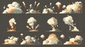 The sprite sheet of smoke explodes. Cartoon clouds, steam vfx explosion animation shots. Puff effect movement storyboard Royalty Free Stock Photo