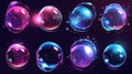 Sprites of soap bubbles burst in a game or animation with splashes, drops, and a rainbow. Modern storyboard containing