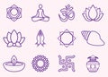 Sprituality hindu religious line icon set in violet color on pink background
