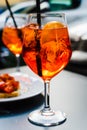 Spritz Aperol drink with venetian traditional snacks cicchetti on the background in Venice Royalty Free Stock Photo