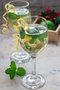 Spritzer cocktail with white wine, mint and ice, decorated with spiral lemon zest