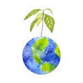 A sprout with green leaves grows from the Earth. Poster protect the planet, ecology, Earth Day, global warming. Hand