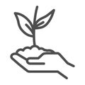 Sprout in hand line icon, care nature concept, Hand holding seedling in soil symbol on white background, Plant in caring Royalty Free Stock Photo