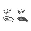 Sprout in hand line and solid icon, care nature concept, Hand holding seedling in soil symbol on white background, Plant Royalty Free Stock Photo