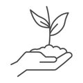 Sprout in hand thin line icon, care nature concept, Hand holding seedling in soil symbol on white background, Plant in Royalty Free Stock Photo