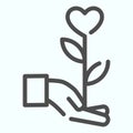 Sprout heart line icon. Flower with heart on a hand vector illustration isolated on white. Giving the flower in shape of