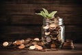 Sprout from a jar with coins, concept of fruitful work or investment. Neural network AI generated