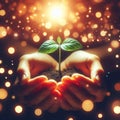 Sprout in palms, a handful of soil in which a sprout or seedling grows, Generative AI