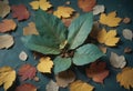 Sprout of a plant grows on fall leaves Royalty Free Stock Photo