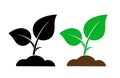 Sprout plant in soil with two leaves. Black and color flat vector icons. Royalty Free Stock Photo