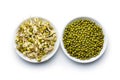 Sprouted green mung beans and dried beans. Mung sprouts Royalty Free Stock Photo