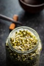 Sprouted green mung beans. Mung sprouts in jar Royalty Free Stock Photo