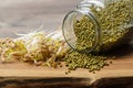 Sprouted mung beans and green mung beans in a glass jar on a wooden background Royalty Free Stock Photo